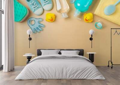 Flat lay composition with baby bath and children health care products on modern background. Infant shampoo, duck toys and towel. Top view Wall mural