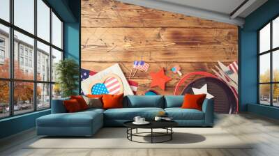 Happy Independence Day, 4th of July celebration concept with USA flag and barbeque grill  on wooden background. Wall mural