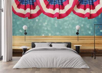 Independence day of America patriotic background with empty wooden table over USA flag. Memorial day background Wall mural