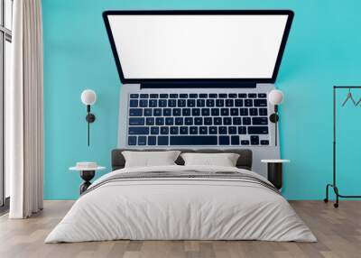 Laptop with white blank screen over blue background Wall mural