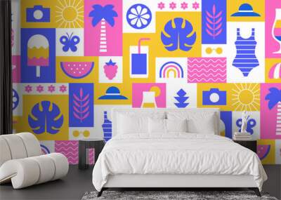 Colorful summer seamless pattern, geometric background with symbols and icons in blocks. Wall mural