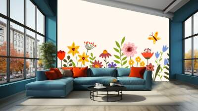 Wide horizontal banner with colorful flowers. Floral seamless pattern. Summer or spring background. Wall mural