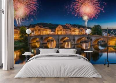 Fireworks Display Over a Stone Bridge in a European Town Wall mural