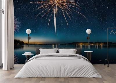 Fireworks over a Lake at Night Wall mural