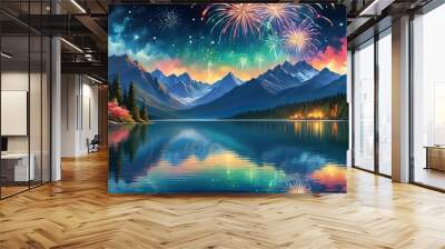 Fireworks over a Mountain Lake Wall mural