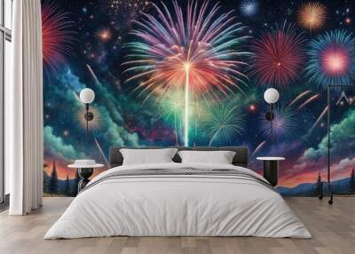 Fireworks over Forest and Mountains Wall mural