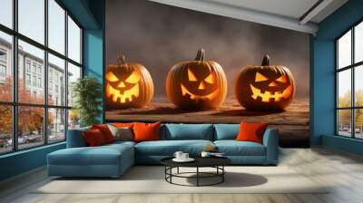 Halloween pumpkin faces on wood background Generative AI Wall mural