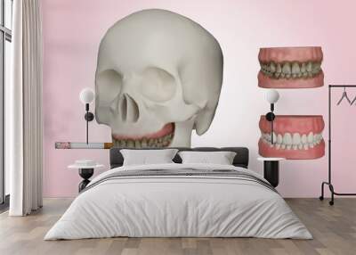 smoker teeth, Tobacco Stains, dirty teeth before and after whitening beach, dental care,3d illustration. Wall mural