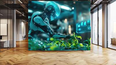 A futuristic robot removing weeds in a smart farm, AI technology interface displayed on a holographic screen, vibrant neon blue and green colors, cyberpunk style, high contrast  Wall mural