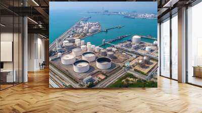 Aerial view Oil refinery. with a background of the sea and sky. The factory is located in the middle of nature and no emissions. The area around the air pure. Top view. Wall mural