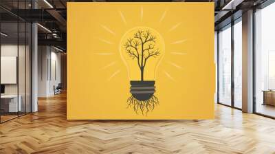 Bright light bulb with roots, ideas taking root and growing, flat design illustration Wall mural