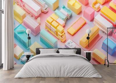 Cargo transport in import-export logistics flat design top view navigation theme 3D render colored pastel  Wall mural