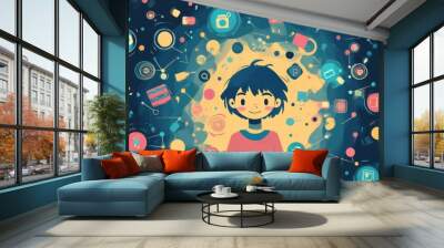 child surrounded by digital icons flat design front view futuristic theme cartoon drawing Complementary Color Scheme Wall mural