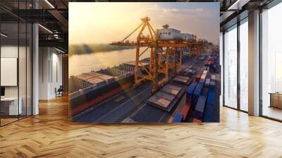 container,container ship in import export and business logistic.By crane ,Trade Port , Shipping.cargo to harbor.Aerial view.Water transport.International.Shell Marine.transportation.business,logistic. Wall mural