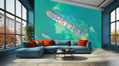 Container , container ship in export and import business and logistics. Shipping cargo to harbor by crane. Water transport International. Aerial view and top view. Wall mural