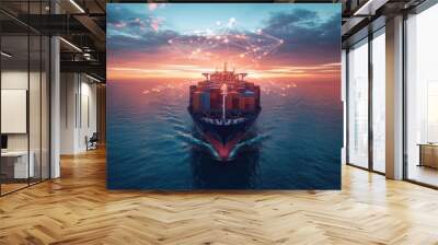 Container ship at sea with digital network links, digital trade network connection concept, global shipping industry Wall mural