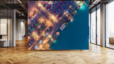 Container ship in export and import business and logistics. Shipping cargo to harbor by crane. Water transport International. Aerial view Wall mural