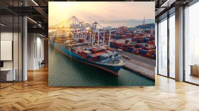 container ship in import export and business logistic.By crane ,Trade Port , Shipping,cargo to harbor.Aerial view.Water transport.International.Shell Marine.Top view. Wall mural