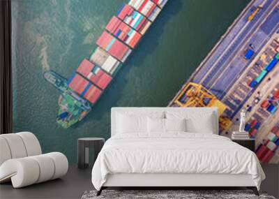 container ship in import export and business logistic.By crane ,Trade Port , Shipping.cargo to harbor.Aerial view.Water transport.International.Shell Marine. Wall mural