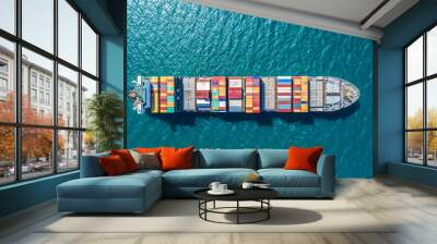 container ship in import export and business logistic.By crane ,Trade Port , Shipping.cargo to harbor.Aerial view.Water transport.International.Shell Marine.Top view. Wall mural