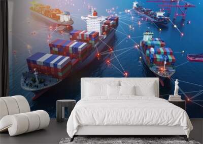 Digital visualization of shipping network with interconnected container ships, network, global logistics pathways Wall mural