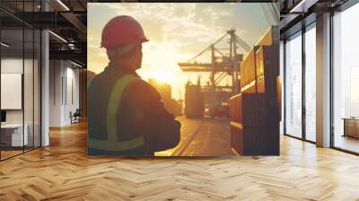 Engineers are overseeing the transportation of cargo with containers, Container in export and import business and logistics Wall mural