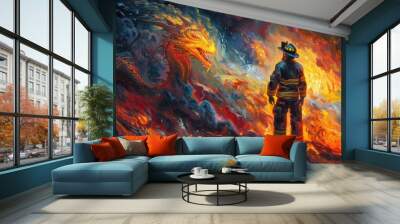 Fireman amidst fiery inferno, back view, fantasy, intense colors, oil painting, dragon flames  Wall mural