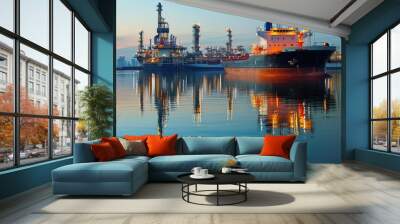 Oil ship in calm waters with refinery reflections, emphasizing the harmony between technology and nature, oil ship, refinery Wall mural