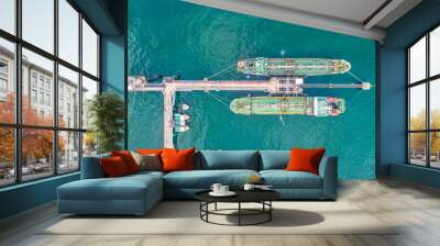 oil tanker, gas tanker in the high sea.Refinery Industry cargo ship,aerial view,Thailand, in import export, LPG,oil refinery, Logistics and transportation with working crane bridge in harbor Wall mural