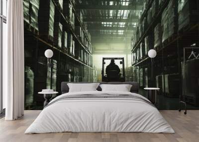 Worker driving forklift on shelves in large warehouse, back view Wall mural