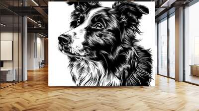 A black and white drawing of a Border Collie dog Wall mural