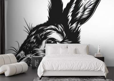 A black and white drawing of a rabbit 's head Wall mural