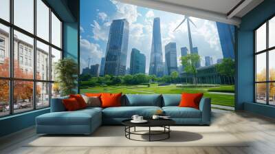 A cityscape with a wind turbine in the foreground Wall mural