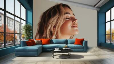 A close up of a woman's face with her eyes closed and long blond hair Wall mural