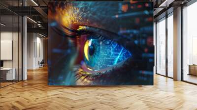 A close up of a woman 's eye with binary code displayed Wall mural