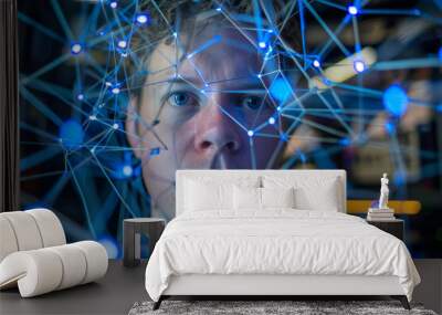 A man 's face is surrounded by blue lights and lines Wall mural