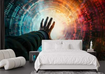 A person 's hand is reaching out into a digital tunnel Wall mural