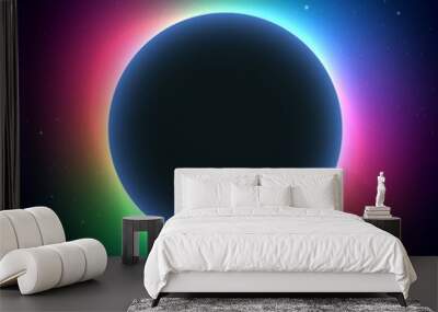 Night cosmic background with glowing stars around big dark planet Wall mural