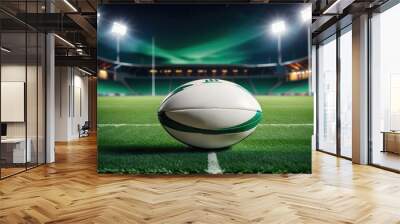 rugby ball on green grass field, illuminated night stadium in background Wall mural