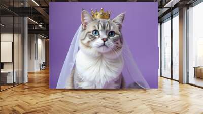 A regal cat dressed in a crown and veil poses against a vibrant purple background Wall mural