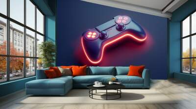 3D Joystick controller, gamepad for videogames on dark background. Gameplay symbol, 3d render in minimal plastic cartoon style. Game console, computer gaming, gamer control device. Winning symbol Wall mural