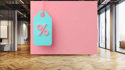 3d shopping price tag with percentage symbol on pastel background. Template for discount or sale message, special offer promotion. Fashion label tag mockup. Black Friday sale, online shopping Wall mural