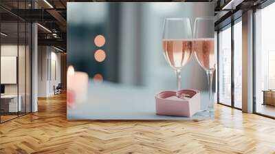 An engagement ring and two glasses with rose sparkling wine. Proposal with diamond ring. Valentine's day, romantic wedding invitation, love greeting card. Dating, falling in love, wedding celebration Wall mural