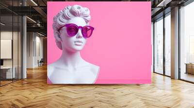 Ancient female greek sculpture wearing pink sunglasses. Greek goddess bust sculpture in glasses. Minimal composition, modern art, party, vacation and romantic concept. Copy space for text Wall mural