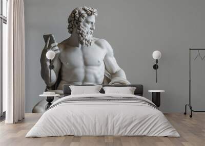 Ancient Greek god sculpture holding a smartphone. Statue of a hero scrolling social media. Doomscrolling, mental health, digital wellness, time loss concept. Bad habits, reading news. Wall mural