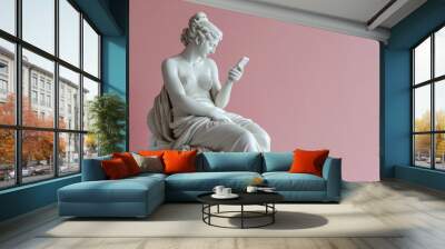 Ancient Greek goddess sculpture holding a smartphone. Female marble statue scrolling social media. Doomscrolling, mental health, digital wellness, time loss concept. Bad habits, reading news. Wall mural