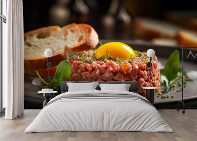 Beef tartar with lemon and herbs, greenery and spices, served on restaurant table. French cuisine, classic beef steak tartare, ingredients: raw beef meat, salt, pepper, egg, garlic. AI generated Wall mural