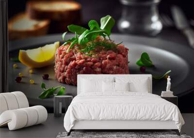 Beef tartar with lemon and herbs, greenery and spices, served on restaurant table. French cuisine, classic beef steak tartare, raw beef meat, salt, pepper, egg, garlic. AI generated Wall mural