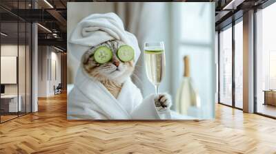 Cat relaxing in spa with cucumber slices on eyes holding a glass of champagne. Cute cat in a bathrobe and turban on spa treatments after bath. Pet grooming, domestic pets treatment Wall mural