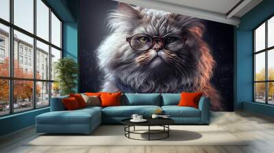 Cat wearing glasses, smart fluffy cat with round glasses looking at the camera. AI generated image Wall mural